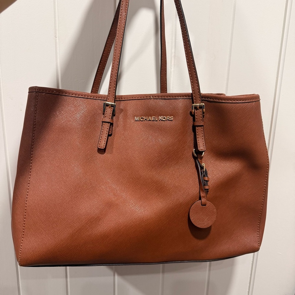 Michael Kors Cognac Saffiano Leather Bag with Logo Charm